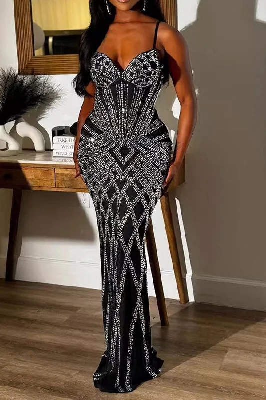 Fashion Frontiers Final Clearance Rhinestone Glamorous Bodycon Spaghetti Strap Maxi Dress