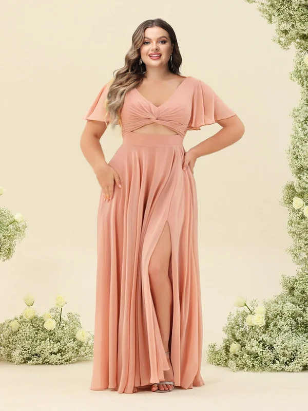 Fashionista Sale Mother's Day Special A-Line/Princess Ruffles V-Neck Short Sleeves Plus Size Bridesmaid Dresses With Bowknot