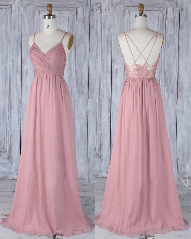 Fashion Sale Now on Sale for Chic Urban Styles Pink Bridesmaid Dresses with Spaghetti Straps with lace Long Evening Formal Dresses LP531