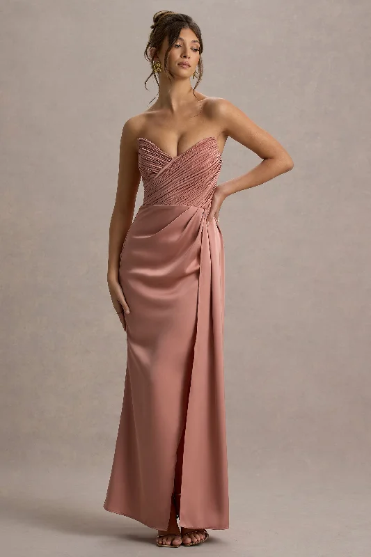 Trendy Pulse Chic Allure Edel | Pink Satin Strapless Maxi Dress With Drape