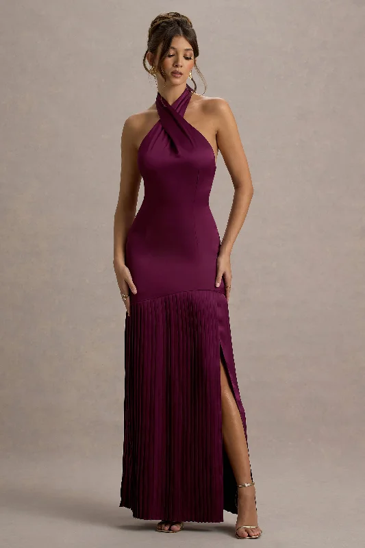 Chic And Edgy Feminine Grace Sansa | Burgundy Satin Cross Halter-Neck Plisse Maxi Dress