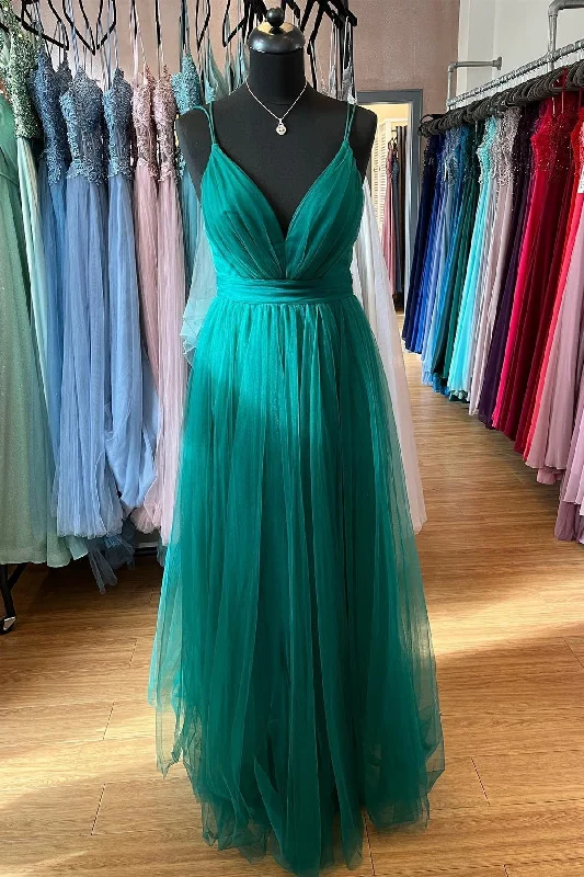 Feminine Luxe Style Sale Luxury Comfort Roycebridal Ada | Hunter Green A-line Plunging V Neck Double Straps Pleated Long Prom Dress