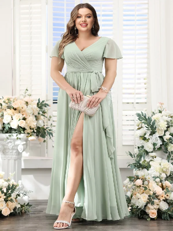 Exclusive Deals Online Feminine Soft - Hued Look A-Line V-Neck Short Sleeves Split Side Ruched Floor-Length Chiffon Plus Size Bridesmaid Dresses