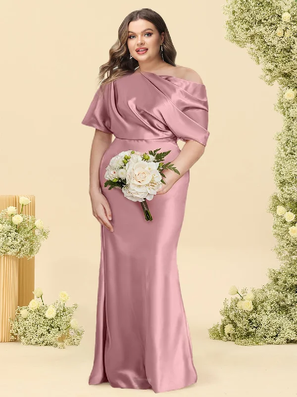 Huge Markdowns Winter Warm - Up Sale Trumpet/Mermaid One-Shoulder Half Sleeves Plus Size Bridesmaid Dresses With Ruched