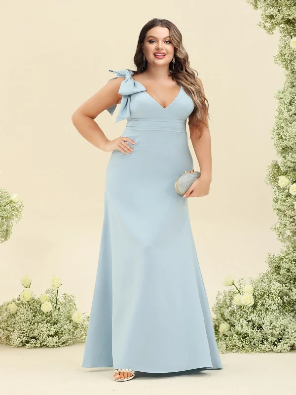 Browse Our Top Products Artful Design Sheath/Column V-Neck Sleeveless Floor-Length Long Plus Size Bridesmaid Dresses with Bowknot