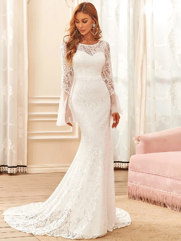 Classic Modern Offers Mid - Week Surprise Round Neck Long Pagoda Sleeves Wholesale Wedding Dresses