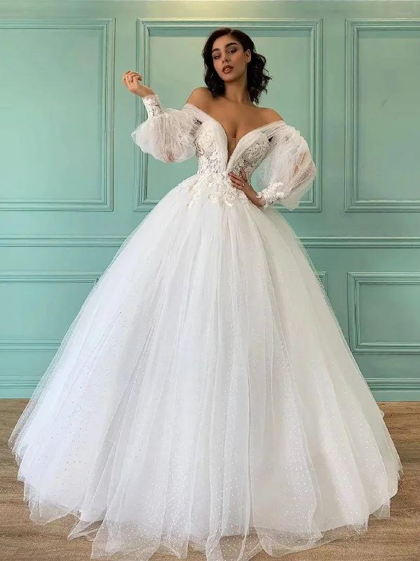 Easy Elegance Sales Big Savings on Rustic Countryside Styles Off Shoulder Long Tulle Lace Wedding Dresses, Ball Gown Wedding Dresses, 2022 Wedding Dresses, Bridal Gown