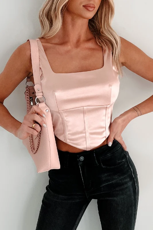 Chic Style, Always In Vogue Grab Romantic Date - Night Styles Now Full Roster Satin Crop Top (Blush)