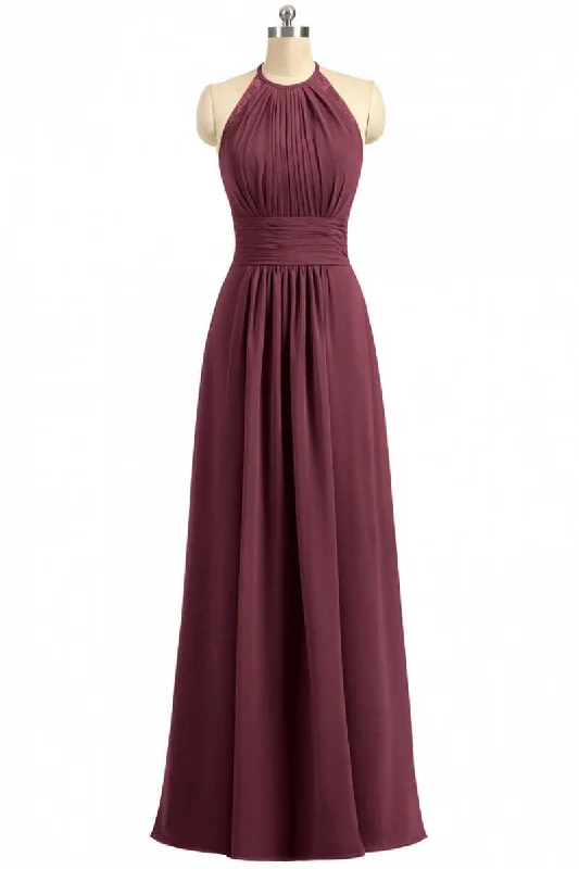 Stupidly Low Prices Final Clearance Burgundy Chiffon Halter Long Bridesmaid Dress with Lace Strap