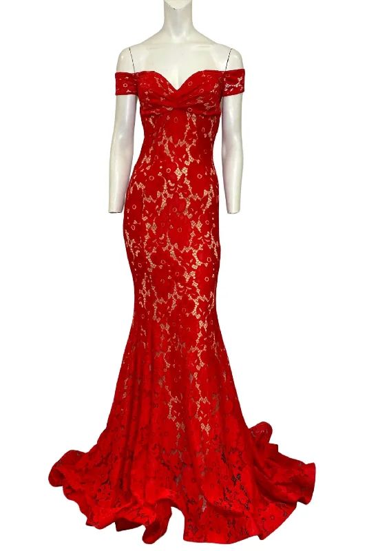 Trend Alert Limited - Time Bundle Off The Shoulder Lace Evening Gown In Red/nude