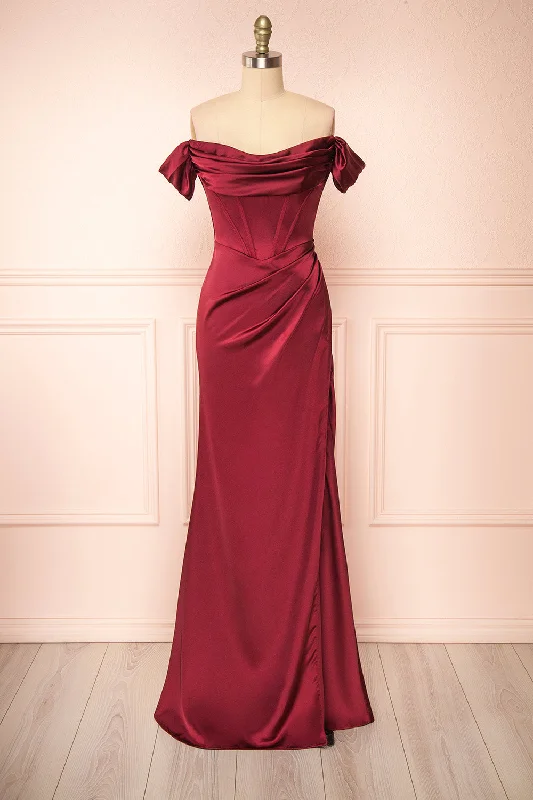 Massive Savings Clearance Event Evolet Burgundy | Off-Shoulder Corset Maxi Dress