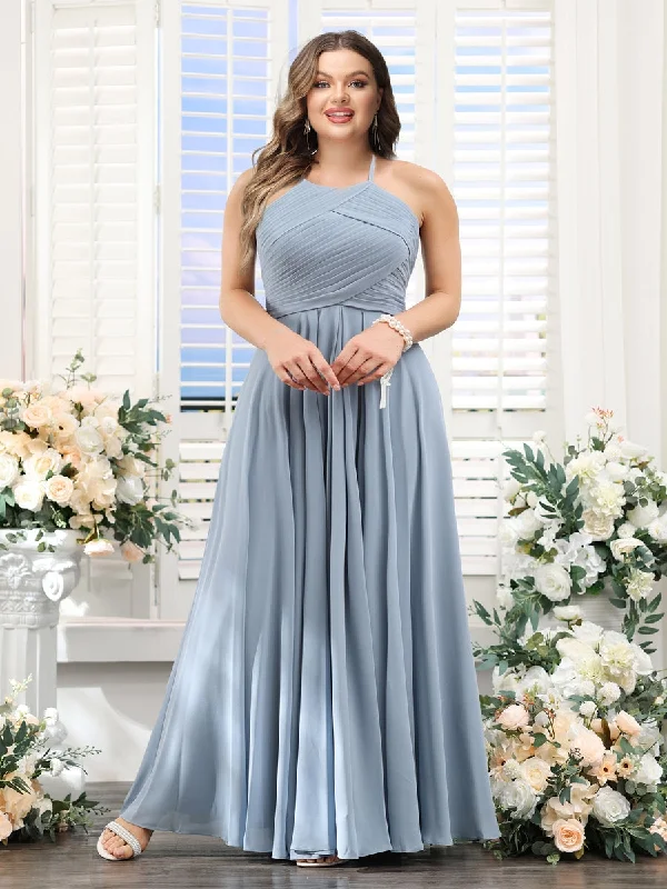 Find Your Unique Flair Hollywood Glam Award - Show Style A-Line Halter Sleeveless Ruched Floor-Length Chiffon Plus Size Bridesmaid Dresses