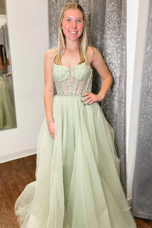 Elevated Casual Discounts Early Access to Art Deco Styles Sale Roycebridal Madeline | Sage Green Straps Sequin Beaded A-Line Tulle Prom Dress