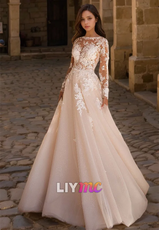 Limited Time Flash Sale Classic Timeless Elegant Style Bateau Long Sleeves Appliques Tulle Ball Gown Wedding Dress