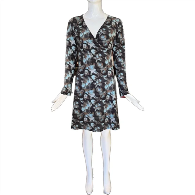 Trend Leading Collection Vibrant Prints Long Sleeve Microfiber Dress With Cross-Over V-Neckline In Quote Print