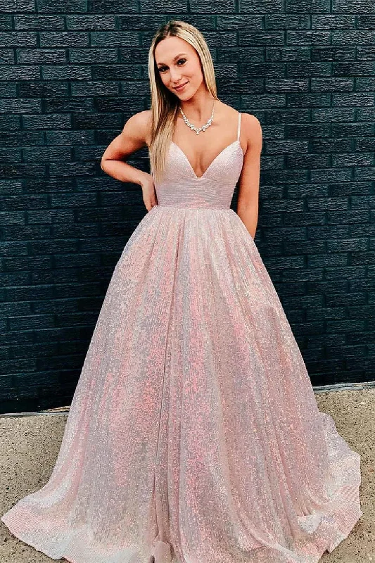 Enjoy Discount Cottagecore Rustic Charm Style Roycebridal Stunning Pink Sequins A-Line Long Prom Dress