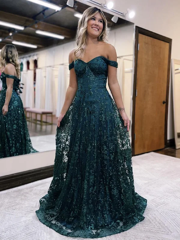 Hot Picks Cottagecore Rustic Charm Style Roycebridal Glitter Mermaid Off The Shoulder Dark Green Long Prom Dress