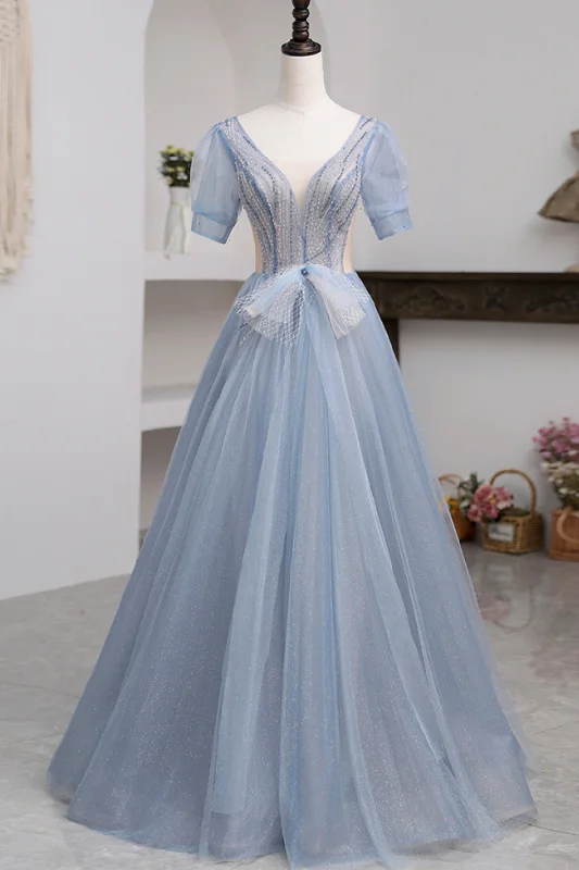 Classic Chic Deals Update with Cottagecore Styles Roycebridal Khaleesi | Blue Short Sleeve Tulle Floor Length Prom Dress with Beaded