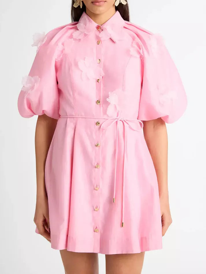 Quick Grab Deals Classic Timeless Elegant Style 3D-Petal Belted Mini Shirt Dress in Pink