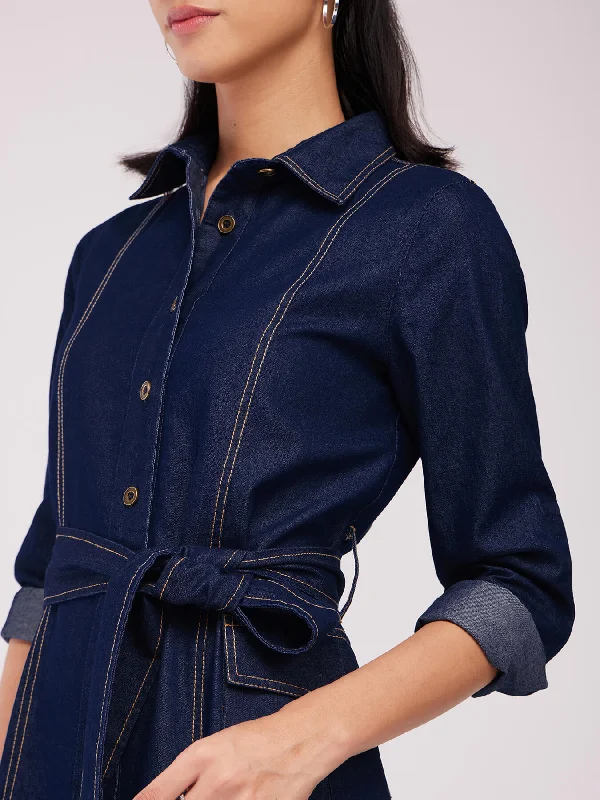 Mega Sales Feminine Soft - Hued Styles Denim Shirt Dress - Navy