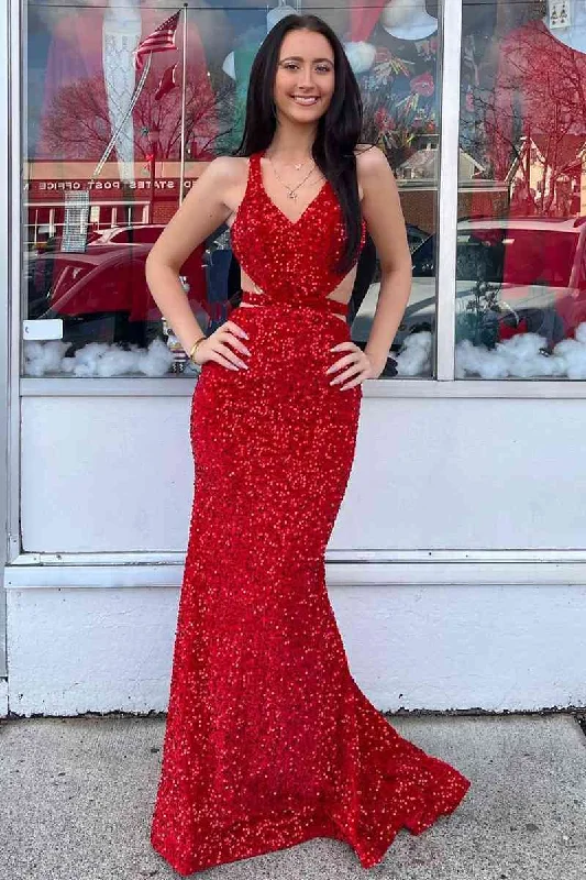 Romantic Fashion Discounts Weekend Special Roycebridal Melody | Red Mermaid V Neck Sequins Backless Long Prom Dress