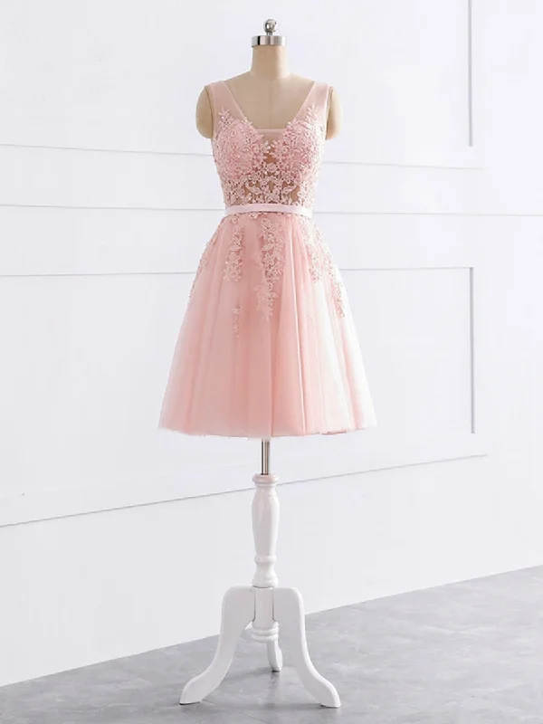 The Latest Trends Vintage Elegance A-Line/Princess V-Neck Sleeveless Tulle With Applique Sequin Short/Mini Bridesmaid Dresses