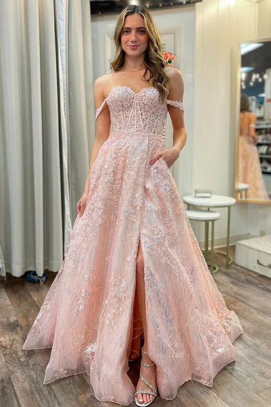 Edgy Fashion Deals Final Clearance Roycebridal Sally | Pink Appliques Off-the-Shoulder A-Line Long Prom Dress