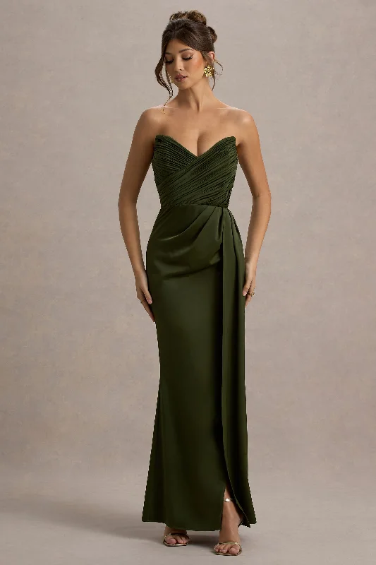 Bid Farewell To The Old Season Fashion-Forward Style Edel | Olive Satin Strapless Maxi Dress With Drape