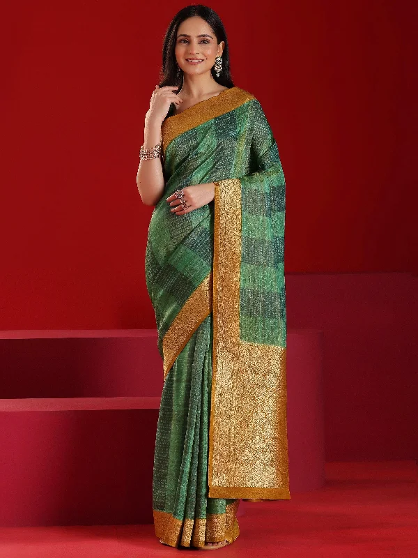 Chic Trend Collection Parisian Effortless Chic Style Libas Art Green Woven Design Satin Saree With Unstitched  Blouse Piece