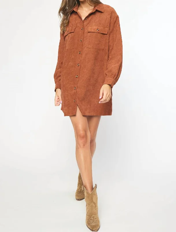 Classic Elegance Sales Spring Fling Sale Corduroy Long Sleeve Button Up Dress In Cinnamon