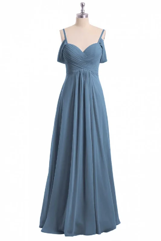 Discover Promotions Update with Cottagecore Styles Dusty Blue Chiffon Cold Shoulder A-Line Long Bridesmaid Dress