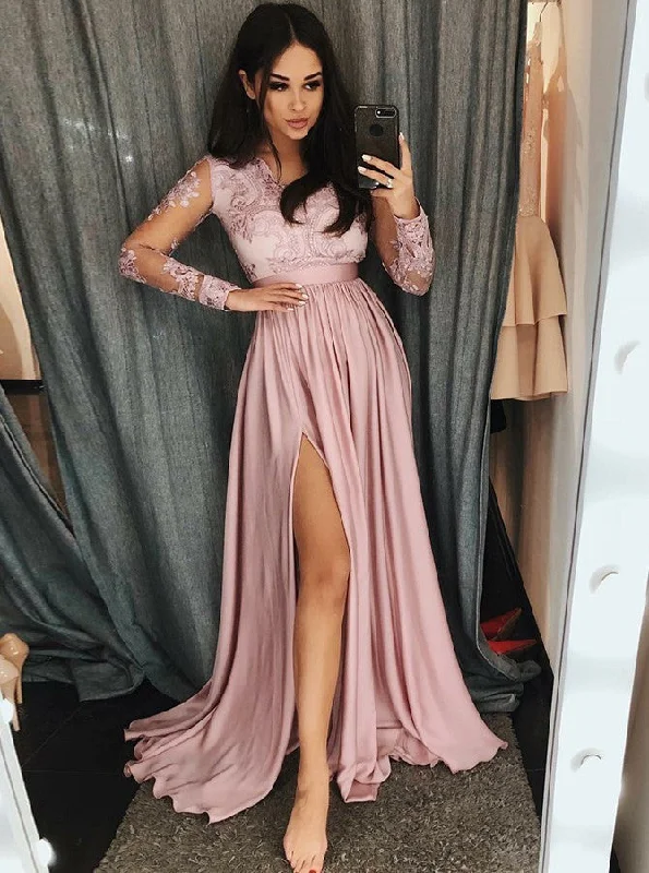 New In This Season Mid - Season Sale Appliques Long Sleeves Pink Prom Dress V-Neck With Split OP713