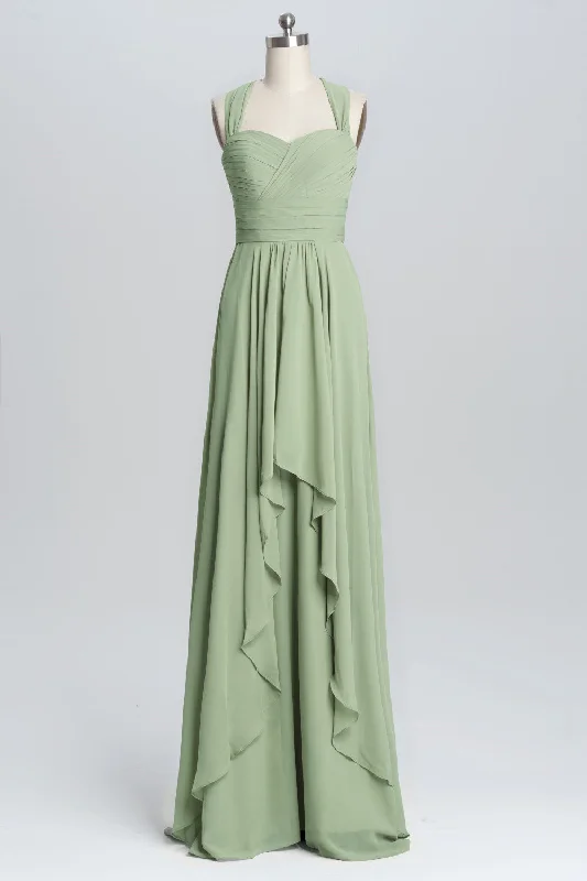 Classic Elegance Sales Spring Fling Sale Halter Sage Pleated Ruffles Long Bridesmaid Dress