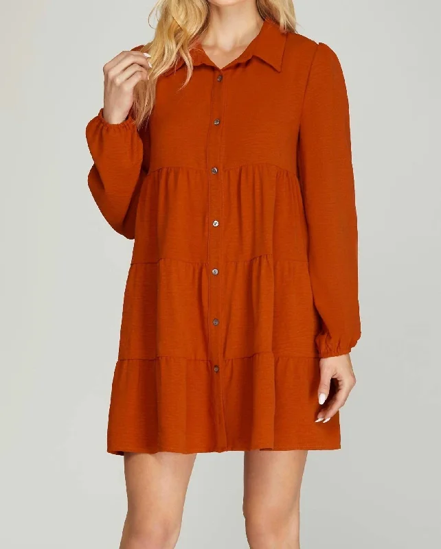 Timeless Style Promotions Score Big on Glamorous Red - Carpet Styles Long Sleeve Tiered Button Down Dress In Pumpkin