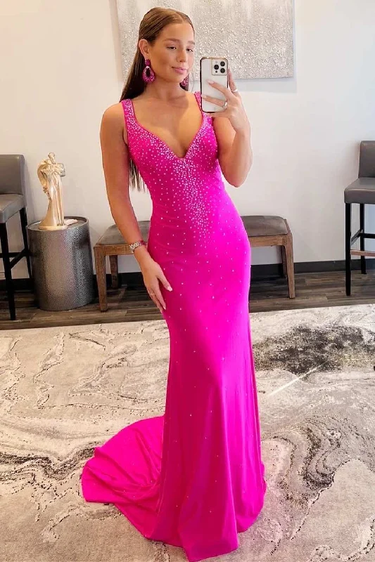 Latest Trends Huge Savings on Parisian Styles Roycebridal Elle |Mermaid V-Neck Beaded Satin Prom Dress with Cross Back