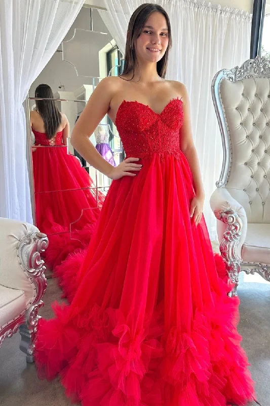 Modish Fashion Discounts Mid - Season Sale Roycebridal Romy | Red Tulle Appliques Sweetheart Ruffle Long Prom Dress