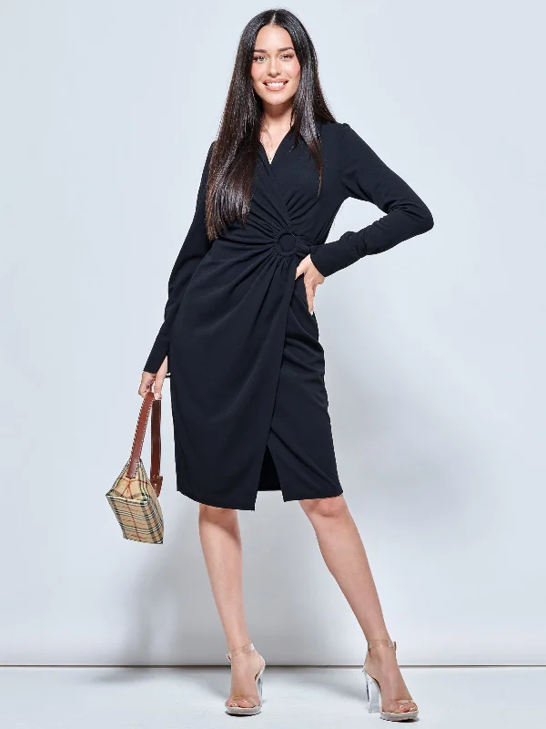 Elevated Casual Discounts Anniversary Sale Plain Wrap Front Buckle Shirt Dress, Black