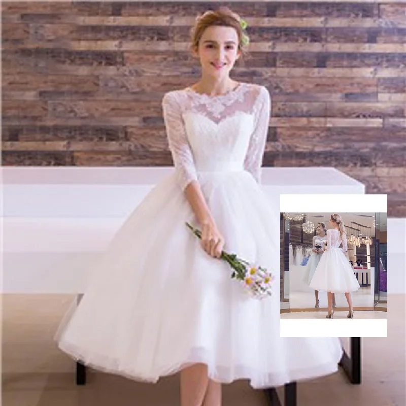 Fashion-Forward Offers Save on Classic Elegant Styles Cute Short White Lace Round Neck Half Sleeve See Through Tulle Wedding Dresses, WD0145