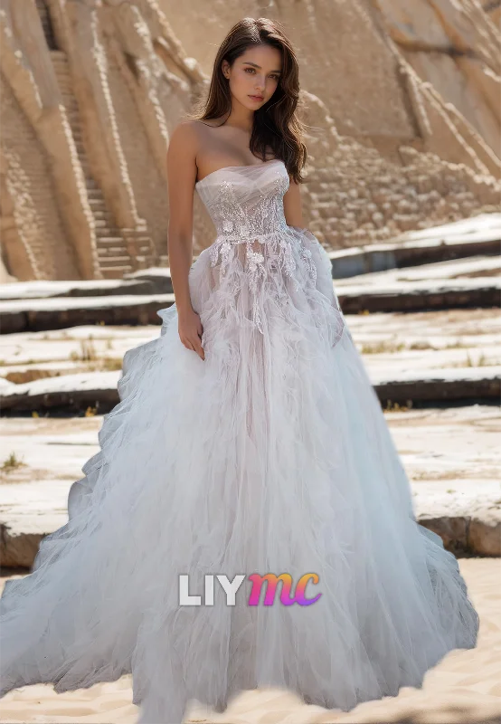 Spring Offer Limited Quantities Sweetheart Strapless Tulle Pleated Appliques Ball Gown Wedding Dress