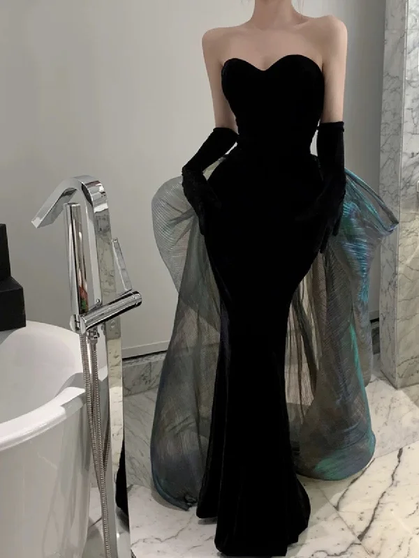 Chic Trend Collection Lighten Up with Nordic Styles Modest Mermaid Strapless Black Sleeveless Prom Dress Formal Evening Dresses With Gloves C3673