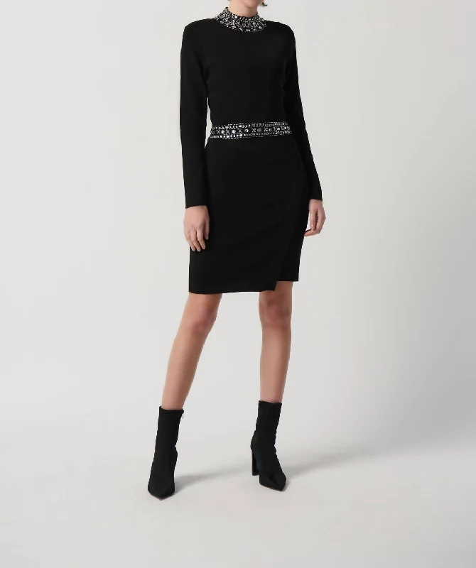 Trendy Styles Contemporary Elegance Long Sleeve Sweater Dress With Rhinestones In Black