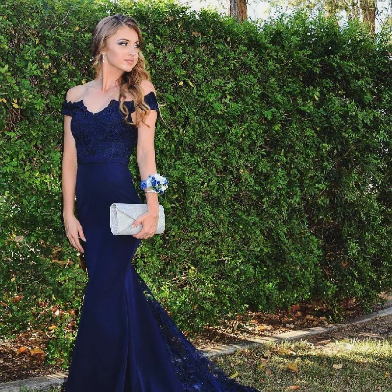 Style Upgrade Huge Savings on Parisian Styles Elegant Off the Shoulder Navy Blue Evening Long Dress Lace Appliqued Bridesmaid dresses LP0543