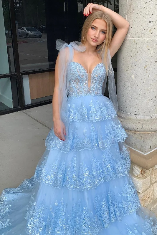 Sporty Fashion Offers Now on Sale for Chic Urban Styles Roycebridal Thelma | Light Blue Tulle Appliques Tying Strap Ruffle Tiered Long Prom Dress