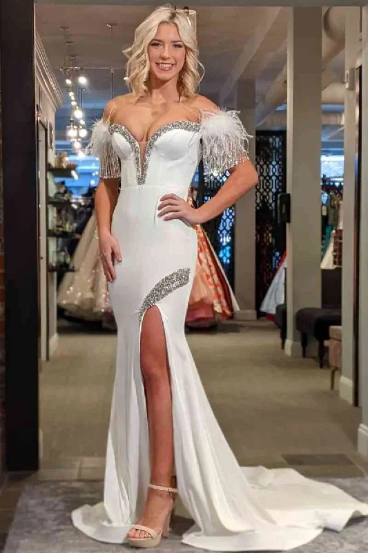 Chic Style, Always In Vogue Casual Weekend Relaxed Style Roycebridal White Off-the-Shoulder Tassel Mermaid Prom Dress with Slit