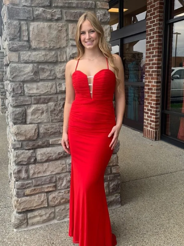 Mega Sales Final Clearance Roycebridal Red Sweetheart Neck Backless Cutout Mermaid Long Prom Dress