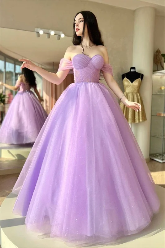 Vintage-Modern Style Offers Feminine Charm Roycebridal Tia | Lilac Off-the-Shoulder Lace-Up Tulle Long Prom Dress