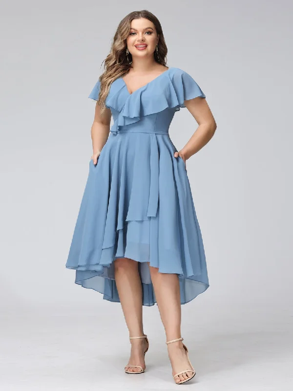 Hurry Before It'S Gone Minimalist Office - Ready Style A-Line V-Neck Short Sleeves Asymmetrical Chiffon Plus Size Bridesmaid Dresses With Pockets