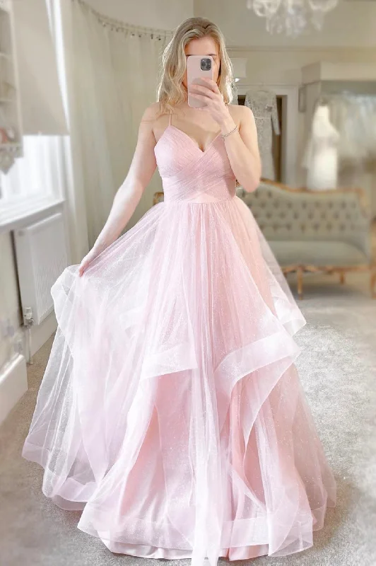 Vintage Style Deals Hollywood Glam Award - Show Style Roycebridal Erin | Pink Tulle Long A-Line Prom Dress Pink V-Neck Graduation Dress