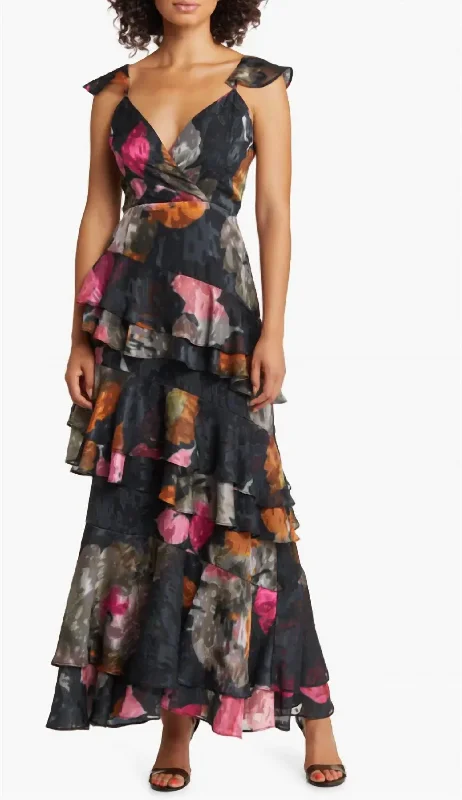 Chic Styles Now on Sale for Chic Urban Styles Miah Ruffle Gown In Black Romantic Watercolor