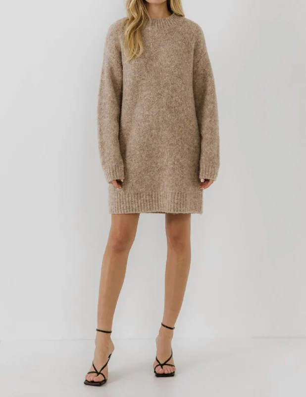 Affordable Trendy Fashion Lighten Up with Nordic Styles Long Sleeve Sweater Dress In Taupe